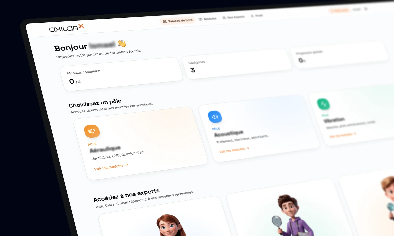 Tableau de bord de la plateforme de formation AXILAB : modules complétés, pôles Aéraulique, Acoustique et Vibration, et accès aux experts
